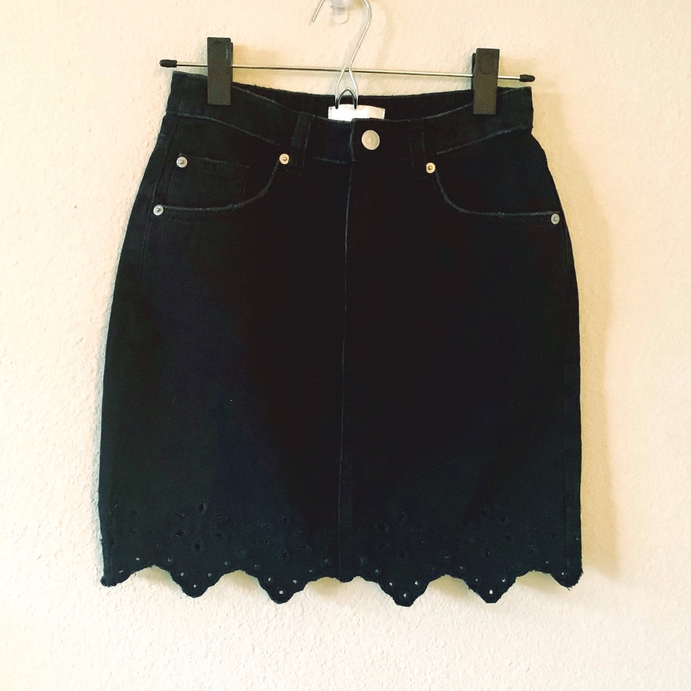 Denim Black Skirt w/ Floral Cut Out Hem Detail